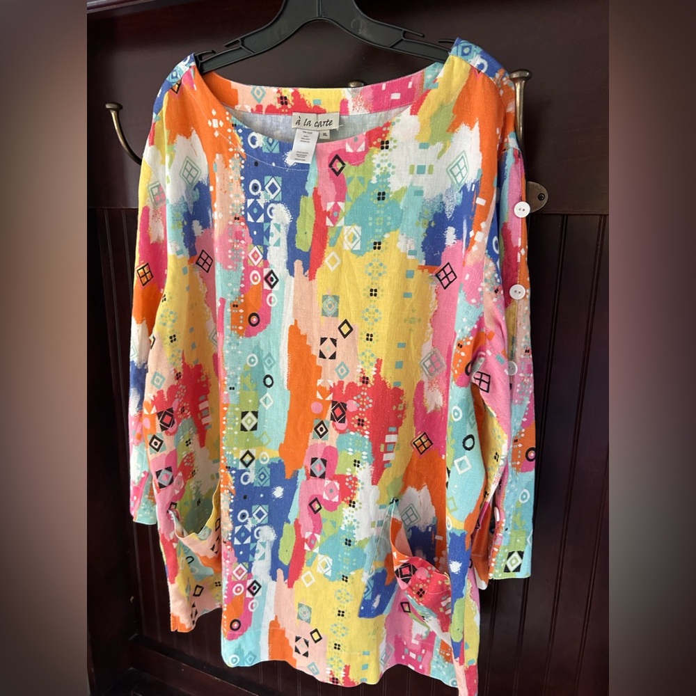 À LA CARTE Colorful Linen Abstract Print Tunic Top Boho Lagenlook Art to Wear XL - Picture 16 of 16